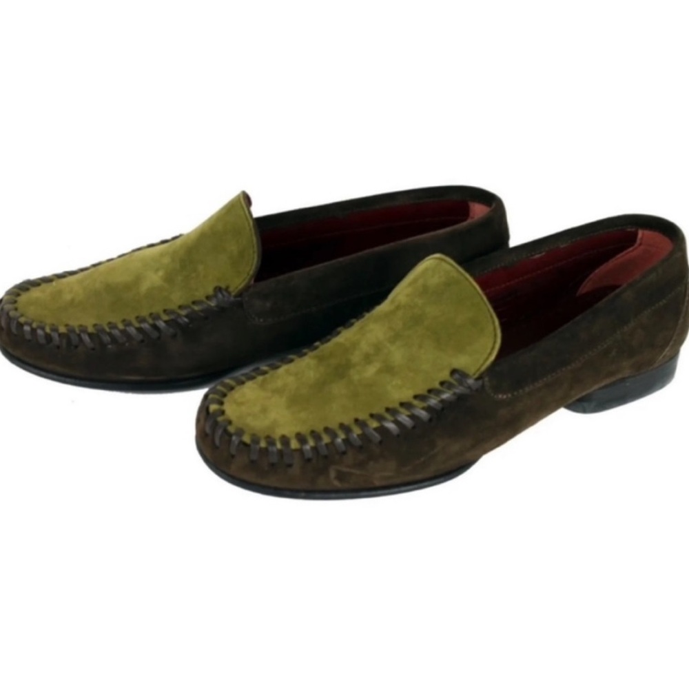 Salvatore Ferragammo 2-Toned Olive Green & Brown Suede Boat Shoe Loafers Mens 5
